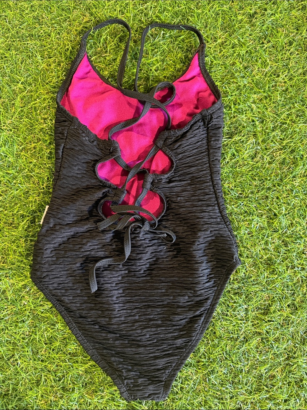 Lime apple Kids Black & Pink One-Piece Swim Suit with Lace-Up Back